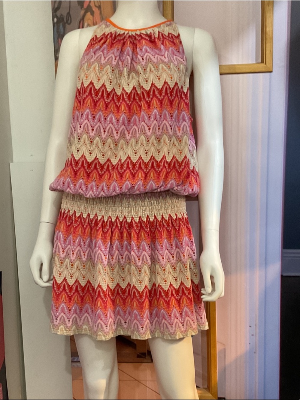 Ramy Brook Multicolor Chevron Knit Dress in Coral, Pink & Cream